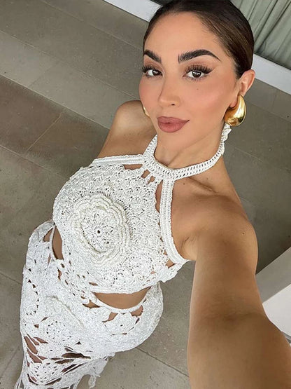 Vestido largo de punto con cuello halter y estampado floral, sexy, sin mangas y con espalda descubierta, estilo maxi, colección 2024. Ideal para la playa y las vacaciones.