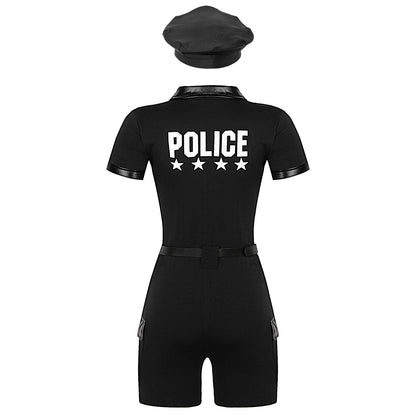 Women Cop Police Uniform Policewoman Cosplay Costume Zipper Short Sleeve Jumpsuit with Belt Purse Hat Halloween Party Clubwear
