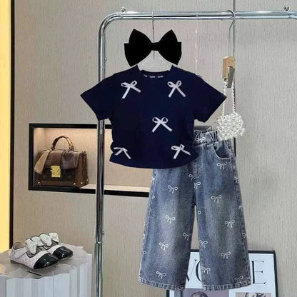 Conjuntos de ropa para niñas, traje con lazo, camiseta de manga corta y vaqueros, 2 piezas, atuendo de verano de 3 a 10 años