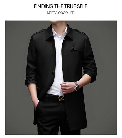 Abrigo tipo gabardina Maxbarley para hombre, estilo coreano, ligero, de lujo, de un solo botón, chaqueta larga cortavientos, colección primavera-otoño 2025, marca, con solapa.