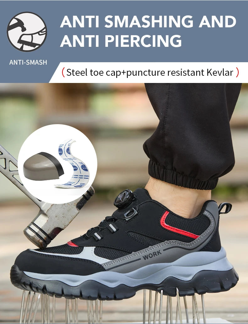 Zapatillas ligeras y transpirables con punta de acero para hombre, calzado de seguridad con protección antigolpes y antiperforación, con botones giratorios.