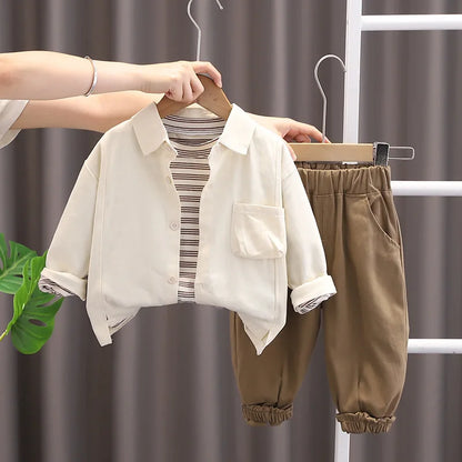 Conjuntos de moda para niños, traje informal, abrigo de manga larga, camisa y pantalones, 3 piezas