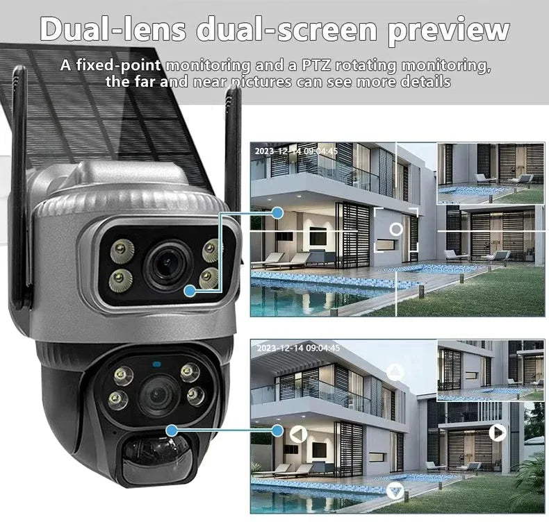 Cámara solar 4G de 8MP con lente dual 4K, PIR, tarjeta SIM integrada, visión nocturna, resistente al agua, cámara IP de seguridad con batería y monitor CCTV.