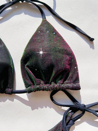 Conjunto de bikini micro halter con tanga y lazo, dos piezas, color morado, con degradado dorado, 2024