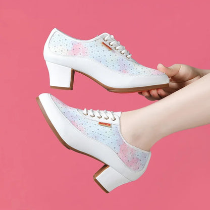 Zapatos de plataforma de piel suave con cordones transpirables de 3,5 cm y 5,5 cm para mujer, primavera 2025, tacones de bloque medianos para bailar, mamás y caminar.