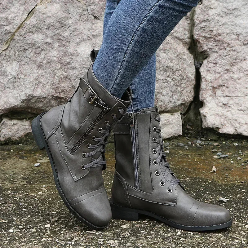 Botines de tacón cuadrado para mujer, botas de trabajo cortas de piel sintética para otoño e invierno, botas elásticas con cordones de talla grande para mujer 2024