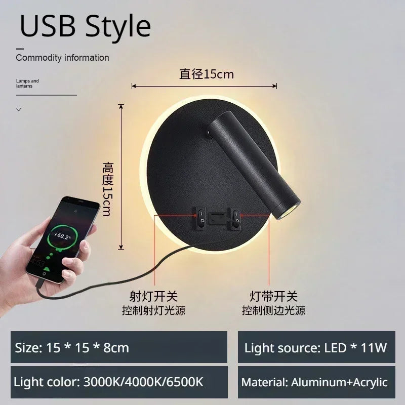 Lámpara de pared LED, luz de lectura, dormitorio, teléfono, carga inalámbrica, carga USB, luces de pared giratorias, lámpara de lado para sala de estar