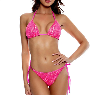 Bikini unicolor con purpurina, bañador sexy con cuello halter, traje de baño para mujer, conjunto de bikini con lentejuelas brillantes, ropa de playa, bikini brasileño