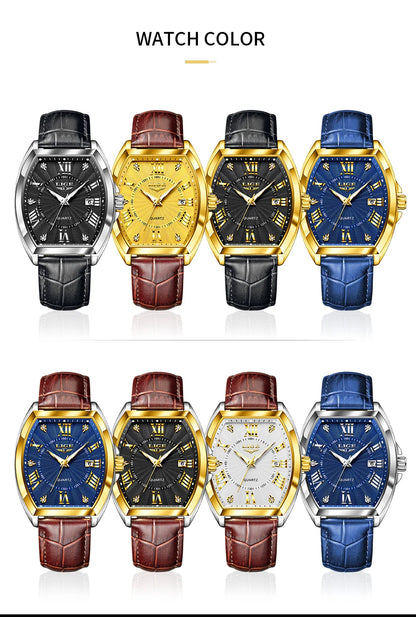 LIGE - Nuevos relojes militares para hombre, marca original de lujo, de cuero, de cuarzo, cronógrafo cuadrado resistente al agua