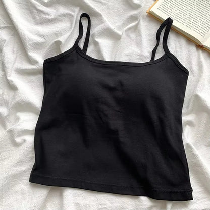 Camisola ajustada sin mangas con tirantes finos de color liso para mujer con almohadilla para el pecho, de algodón, para uso exterior, camisetas cortas de verano para mujer.