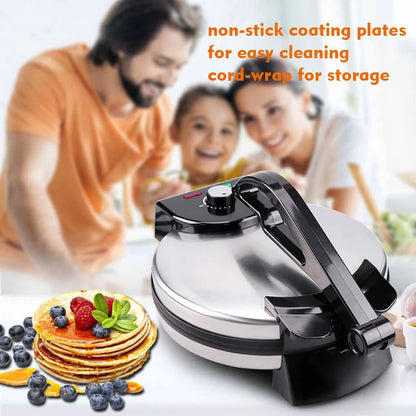 Máquina eléctrica para hacer tortillas de acero inoxidable antiadherente de 1800 W con prensa para tortillas de doble cara.