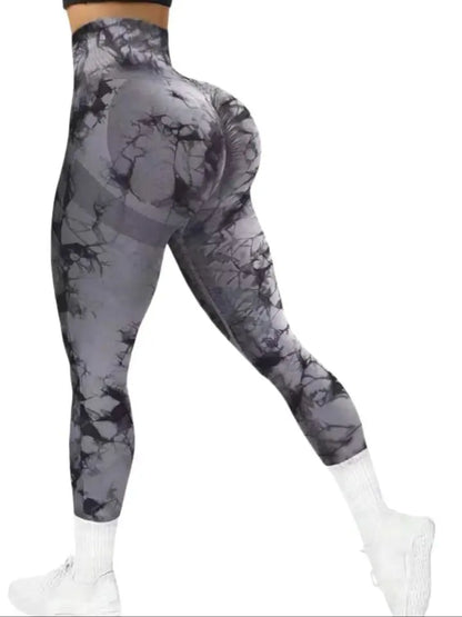 Pantalones de yoga de diseño, teñidos con la técnica tie-dye, cintura ancha, corte ajustado, sin costuras, efecto melocotón en la cadera, pantalones deportivos.