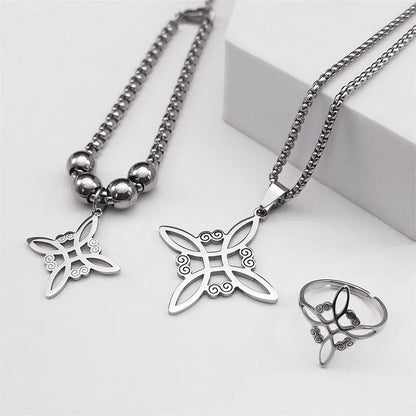 Conjunto de joyas de acero inoxidable, colgante de nudo celta irlandés, collar, pendientes, pulsera, anillo, brujería, bruja