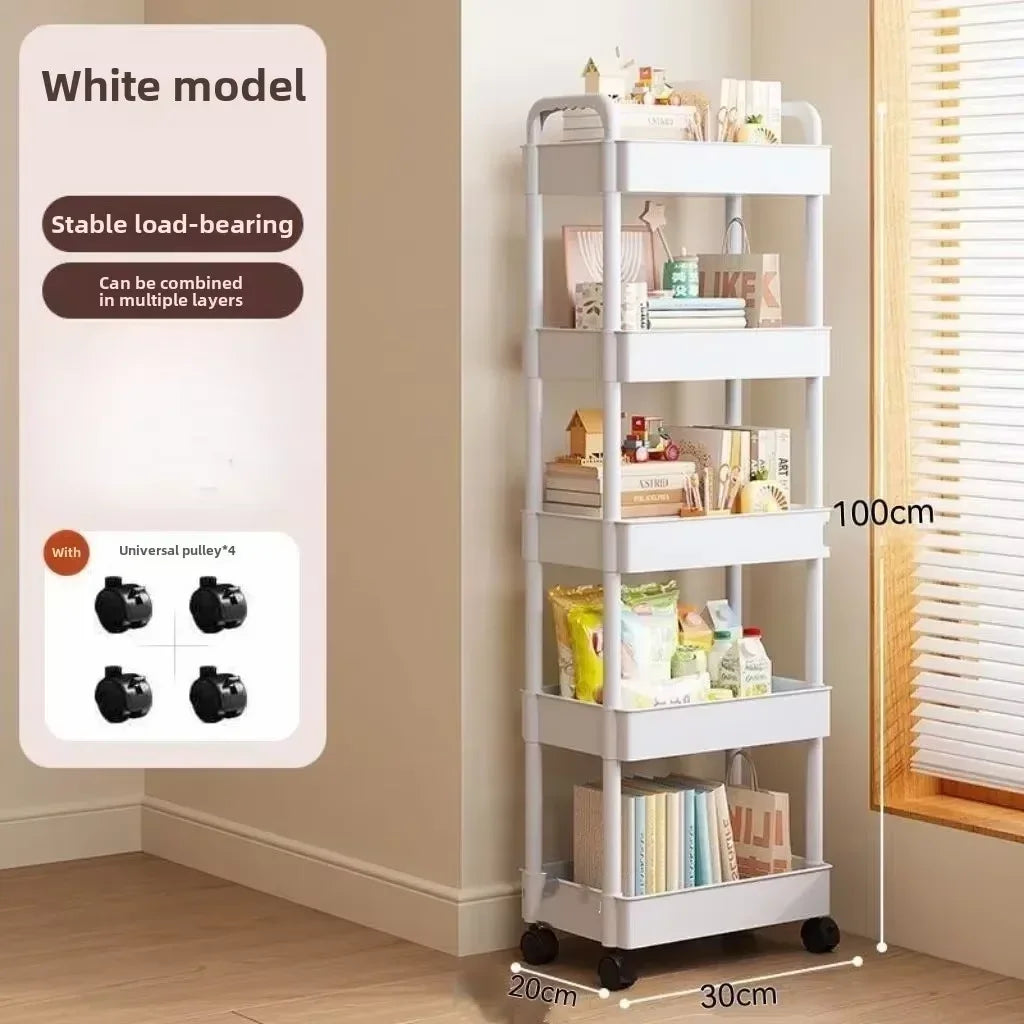 Carrito de almacenamiento multifuncional blanco con ruedas 2025: estantes abiertos para sala de estar y exhibición de libros, ideal para cocina y dormitorio.