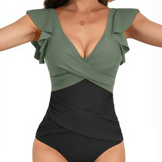 Traje de baño de una pieza para mujer con diseño cruzado y ribetes de hojas que cubren el vientre. Nuevo modelo de gran oferta de la temporada, procedente de China continental.