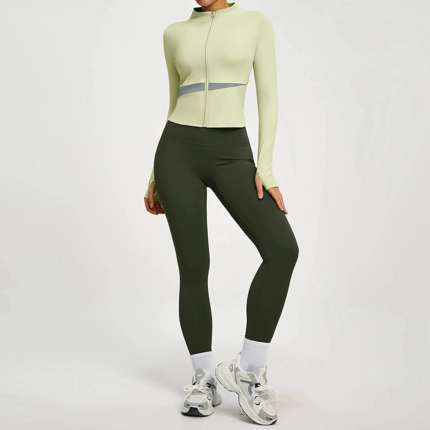 Conjuntos de yoga con contraste de colores para mujer, chaqueta deportiva de manga larga sin costuras con cremallera, leggings adelgazantes de cintura alta, chándal de fitness