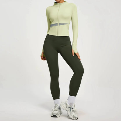 Conjuntos de yoga con contraste de colores para mujer, chaqueta deportiva de manga larga sin costuras con cremallera, leggings adelgazantes de cintura alta, chándal de fitness