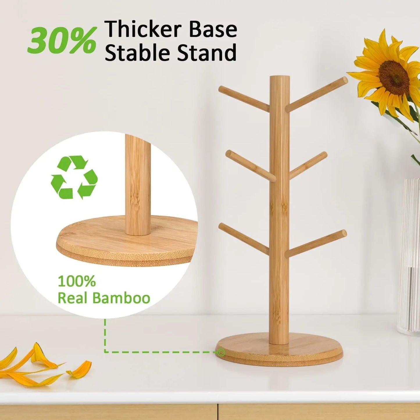 Portavasos de bambú con 6 ganchos para tazas de café, resistente soporte para tazas, ideal para organizar mostradores y ahorrar espacio.