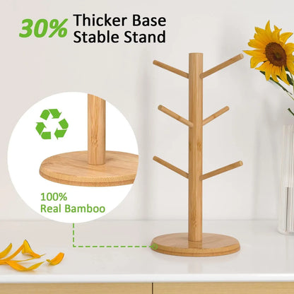 Portavasos de bambú con 6 ganchos para tazas de café, resistente soporte para tazas, ideal para organizar mostradores y ahorrar espacio.