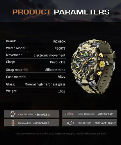FOXBOX Reloj digital a prueba de golpes para hombre, estilo militar, camuflaje, resistente al agua hasta 5 ATM, relojes electrónicos a prueba de golpes, estilo táctico.