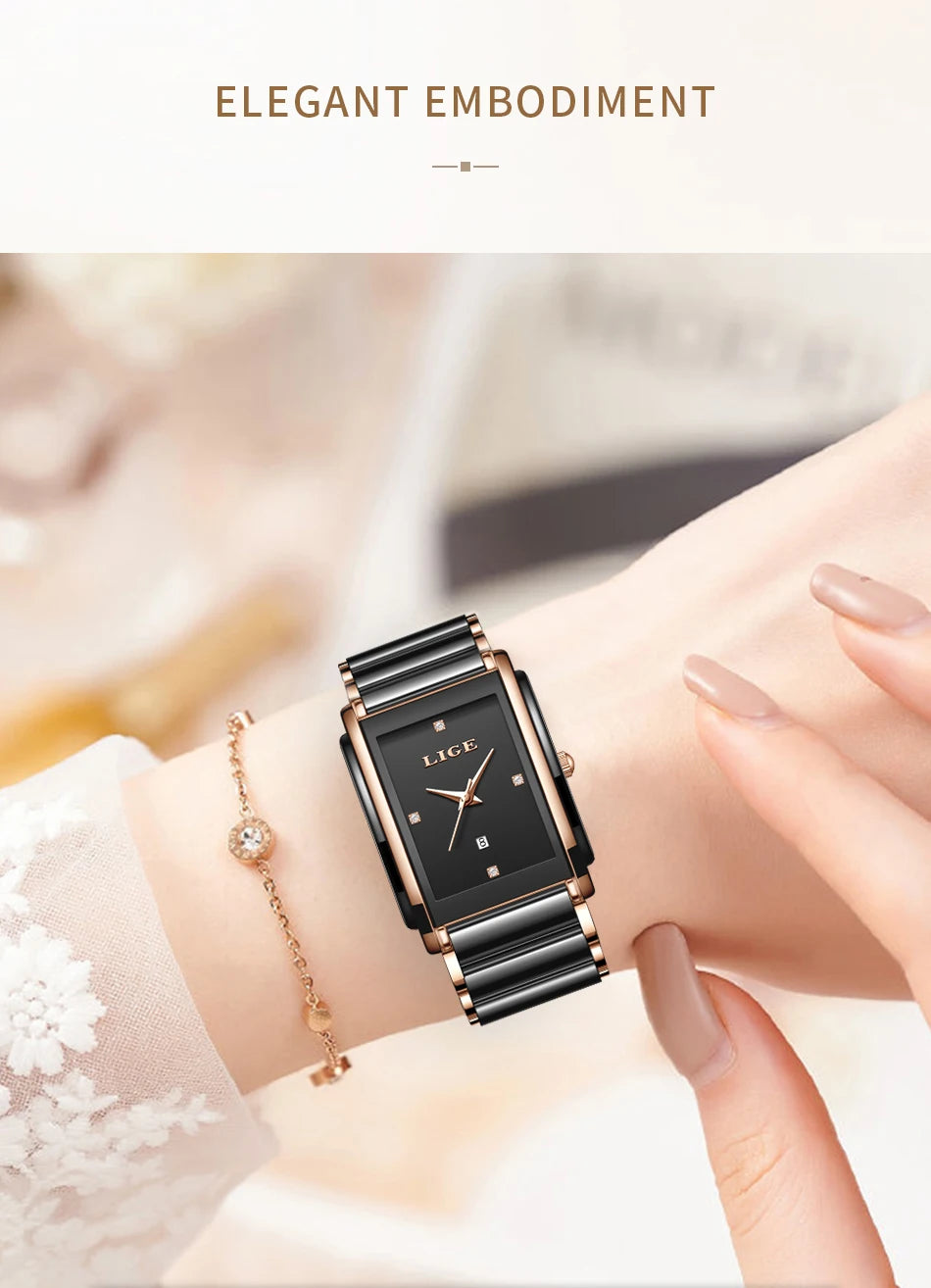 Relojes de mujer LIGE de lujo, elegantes relojes de pulsera de cuarzo de cerámica, impermeables, con fecha, a la moda, regalo para damas, Relojs Mujer + Caja