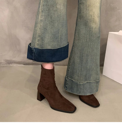Vintage Women Ankle Boots 2024 Fashion Square Toe Thick High Shoes Autumn Winter New Ladies Elegant Stretch Slim Short Booties