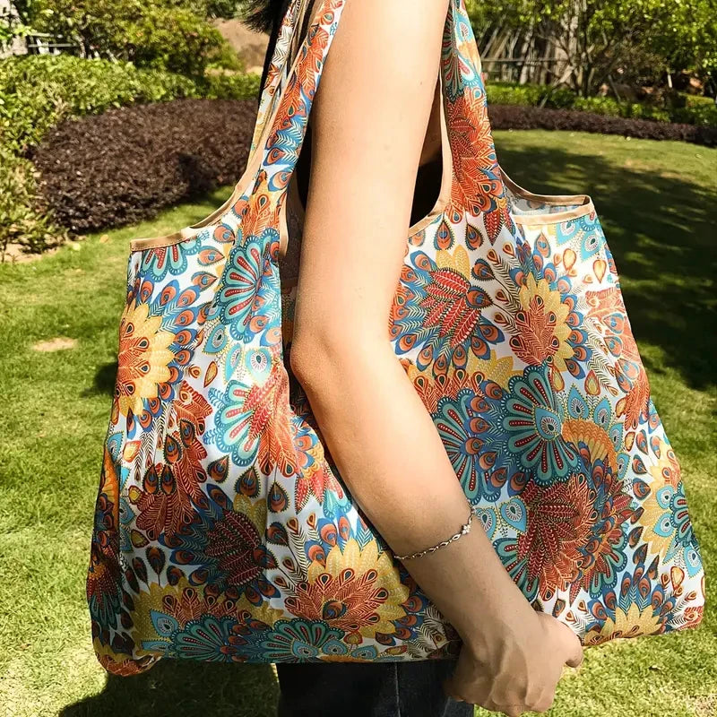 Bolsa de supermercado plegable, portátil y de gran capacidad, respetuosa con el medio ambiente, para guardar alimentos y llevar al hombro, impermeable.