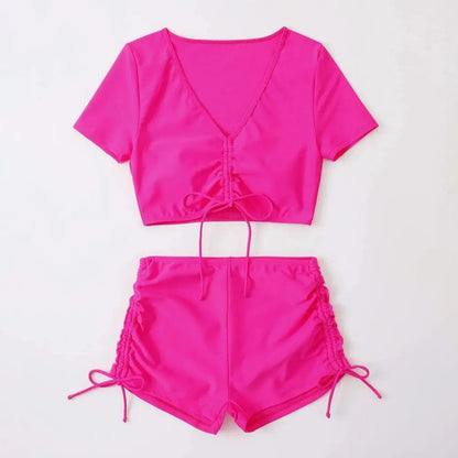 2Pcs/Set Swimsuit for Women Bikini Set V-Neck Short Sleeve Tops High Waist Drawstring Swimming Trunks Quick Drying Swimsuit