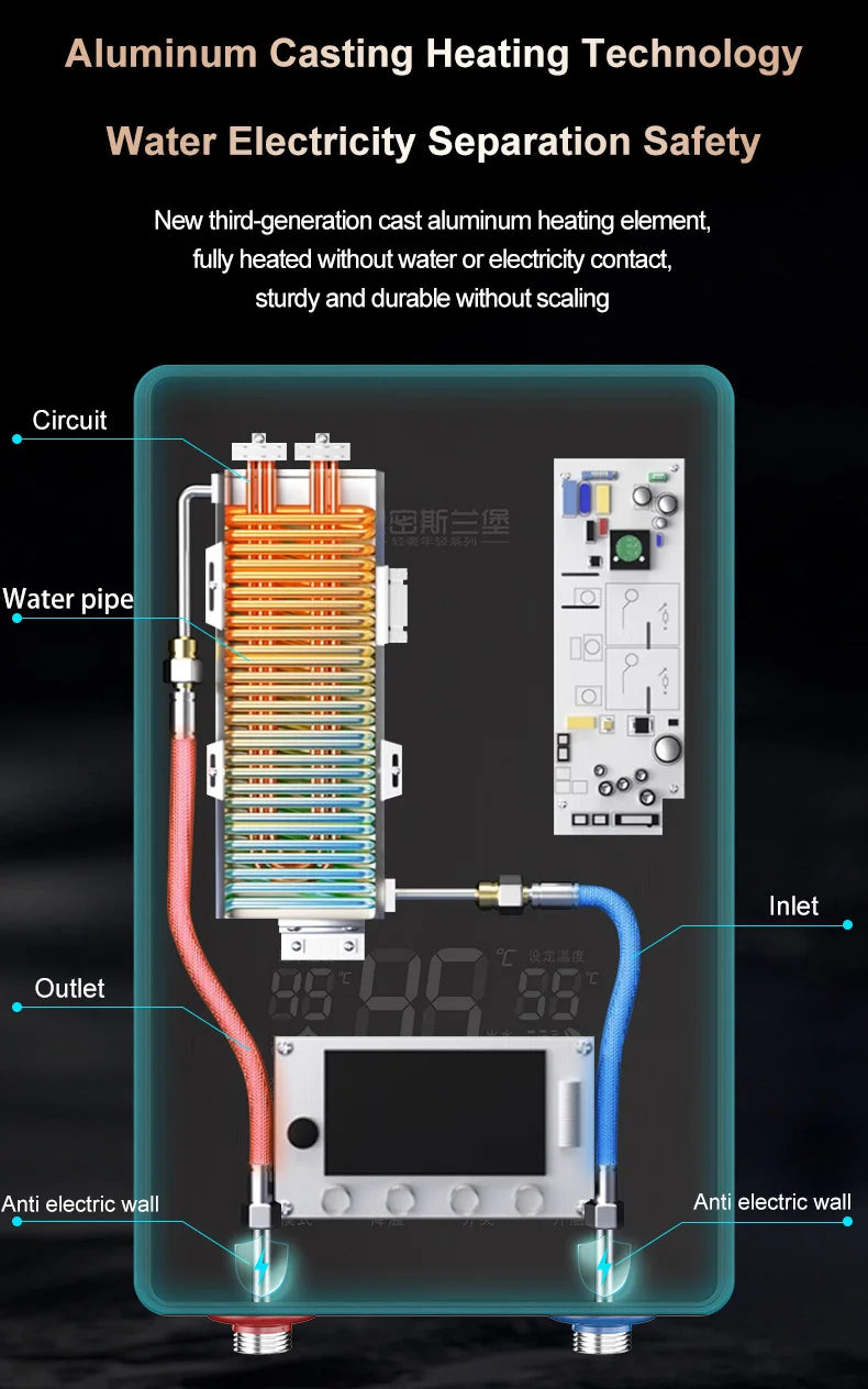 Calentador eléctrico instantáneo de agua IPX4, 7500 kW, calentamiento rápido, sin tanque, con pantalla LED y resistencia al agua.