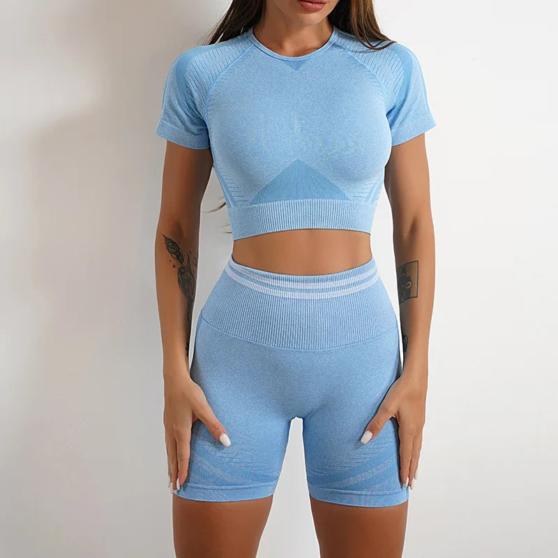 Conjuntos de ropa deportiva de media pieza sin costuras para mujer, conjuntos de gimnasio de manga larga, sujetador deportivo de yoga, leggings push up y mallas deportivas.