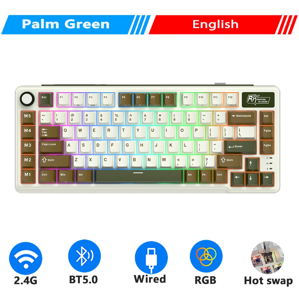 RK ROYAL KLUDGE L75 Teclado mecánico personalizable con cinco teclas de acceso directo, estructura de junta, retroiluminación RGB de tres modos, teclado para gamers