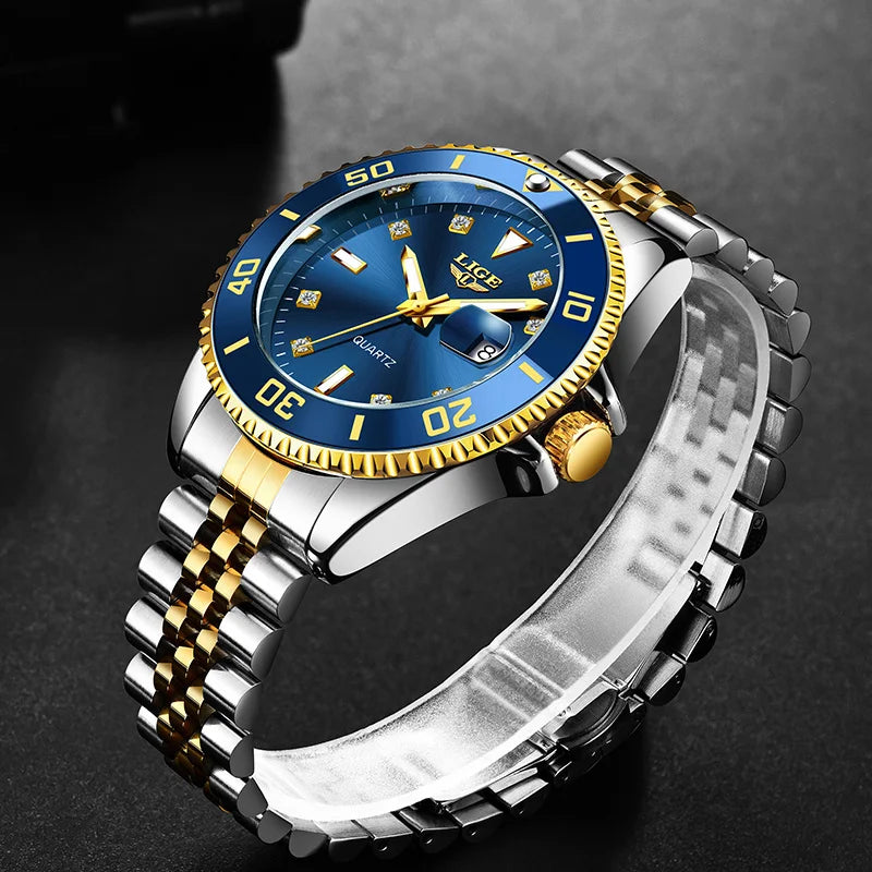 Reloj de lujo LIGE para hombre, reloj de cuarzo con esfera engastada de diamantes, resistente al agua, calendario, mariposa, doble cierre, acero inoxidable.