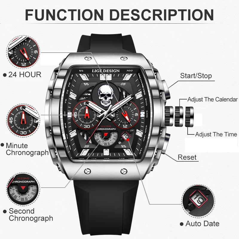 LIGE - Reloj de pulsera para hombre, de silicona, resistente al agua, estilo militar, deportivo, cuadrado, de cuarzo, cronógrafo, Masculino