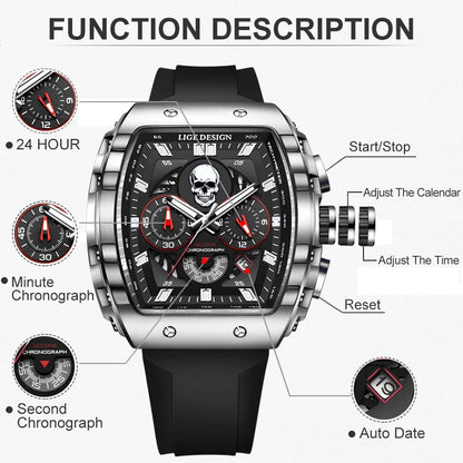 LIGE - Reloj de pulsera para hombre, de silicona, resistente al agua, estilo militar, deportivo, cuadrado, de cuarzo, cronógrafo, Masculino