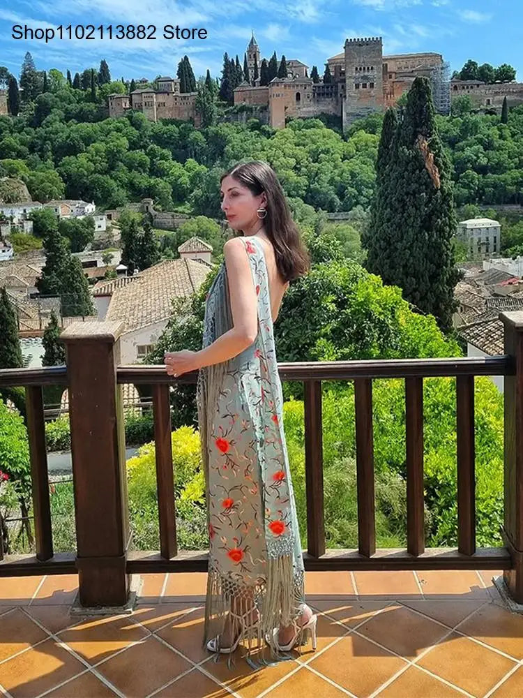 Vestidos elegantes de una pieza para mujer, sin mangas, con cuello tipo bufanda, espalda descubierta, estampado y borlas.