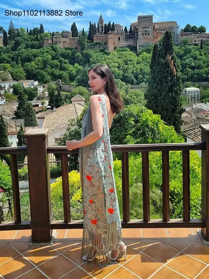 Vestidos elegantes de una pieza para mujer, sin mangas, con cuello tipo bufanda, espalda descubierta, estampado y borlas.