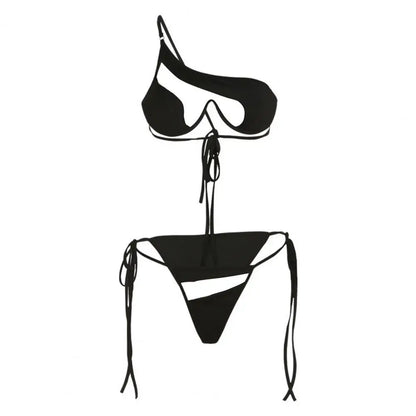 Conjunto de bikini de dos piezas con tirantes finos y un hombro, cintura alta, para playa, con perspectiva de retazos de hilo de red, bikinis sexys