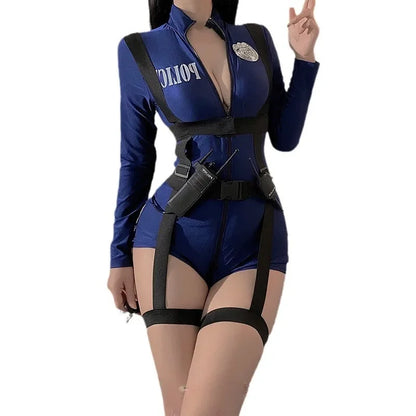 Plus Size Sexy Policewomen Costume Cop Police Cosplay Outfit Zip Crotch Bodysuit Lingerie Role Play Harness Officer Uniform