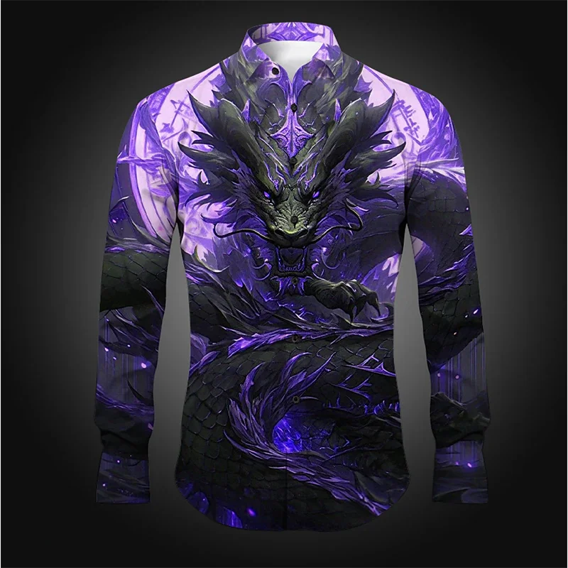 Camisa de hombre con estampado abstracto de dragón, estilo casual, manga larga, diseño elegante y cómodo. Ideal para uso diario.