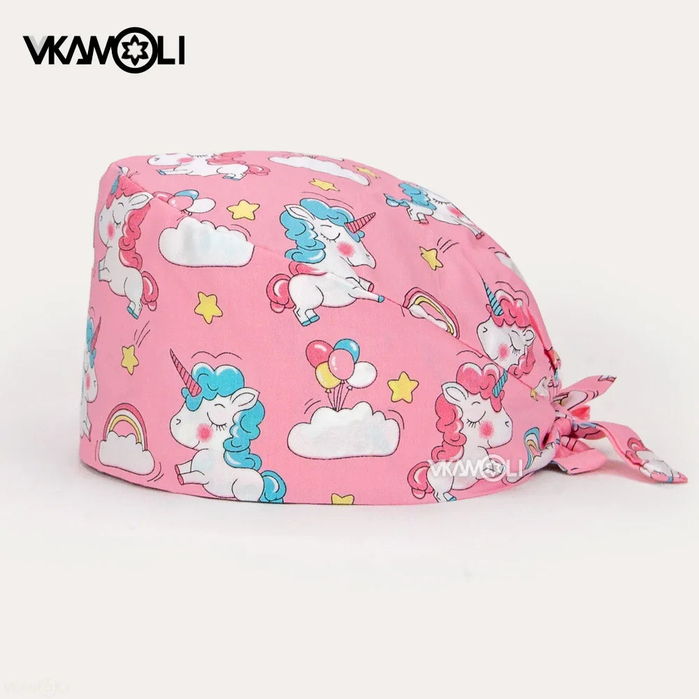 Gorro quirúrgico de algodón con estampado de dibujos animados multicolor para peluquería de mascotas, ajustable, para salón de belleza, enfermería, médico y enfermera.