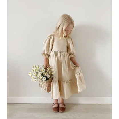 Vestido de verano para niñas, de algodón y lino, con espalda ajustada y mangas abullonadas, estilo princesa, sencillo y dulce, 2023