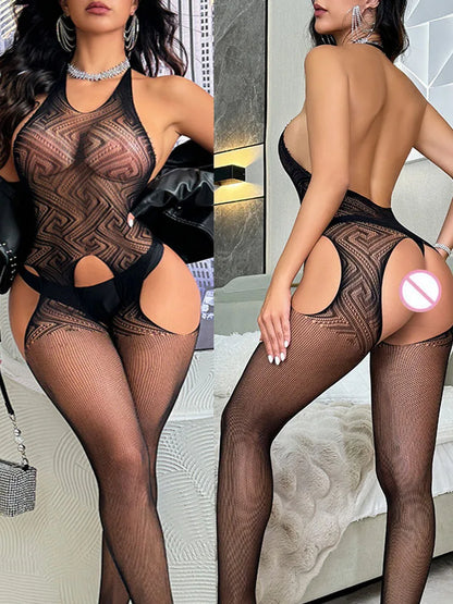Body de encaje con entrepierna abierta para mujer, lencería sexy, medias de rejilla, ropa interior elegante, conjunto de ropa erótica, conjunto de sexo secreto, novedad.