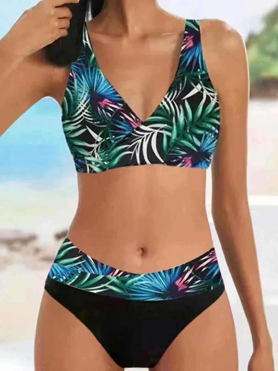 Conjunto de bikini con cuello en V 2024 para mujer, traje de baño de verano con estampado de rayas y patchwork, ropa de playa, traje de baño para mujer, talla 2XL