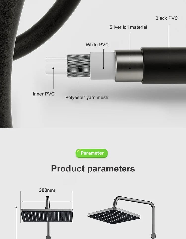 Sistema de ducha con luz ambiental y botones de piano grises, pantalla digital, grifos tipo lluvia y cabezal de ducha.