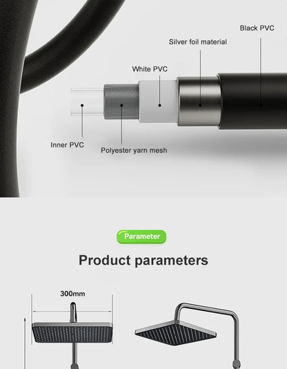 Sistema de ducha con luz ambiental y botones de piano grises, pantalla digital, grifos tipo lluvia y cabezal de ducha.