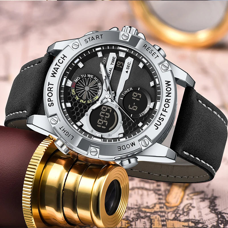 FOXBOX Relojes de lujo de moda para hombre, reloj de pulsera luminoso resistente al agua con fecha y doble horario para hombre, relojes de cuarzo para hombre, relojes masculinos