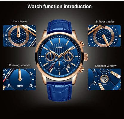 LIGE 2024 Reloj de lujo para hombre, reloj de cuarzo informal de negocios, reloj de pulsera de cuero a la moda para hombre, reloj impermeable para hombre