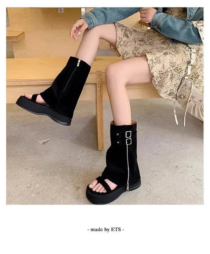 Botines estilo romano caqui de dos vías, sandalias de moda retro con personalidad individual, zapatos cómodos con suela de goma para mujer