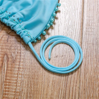 Bikini de lujo con perlas y escote halter, mini bikinis, micro bikinis, traje de baño femenino, conjunto de bikini de dos piezas, traje de baño para mujer