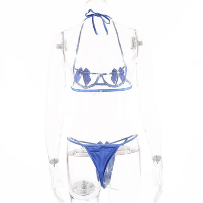Conjunto de lencería sexy de 3 piezas con sujetador y tanga con lazo para mujer, conjunto de lencería sexy con ligas y perspectiva recortada.